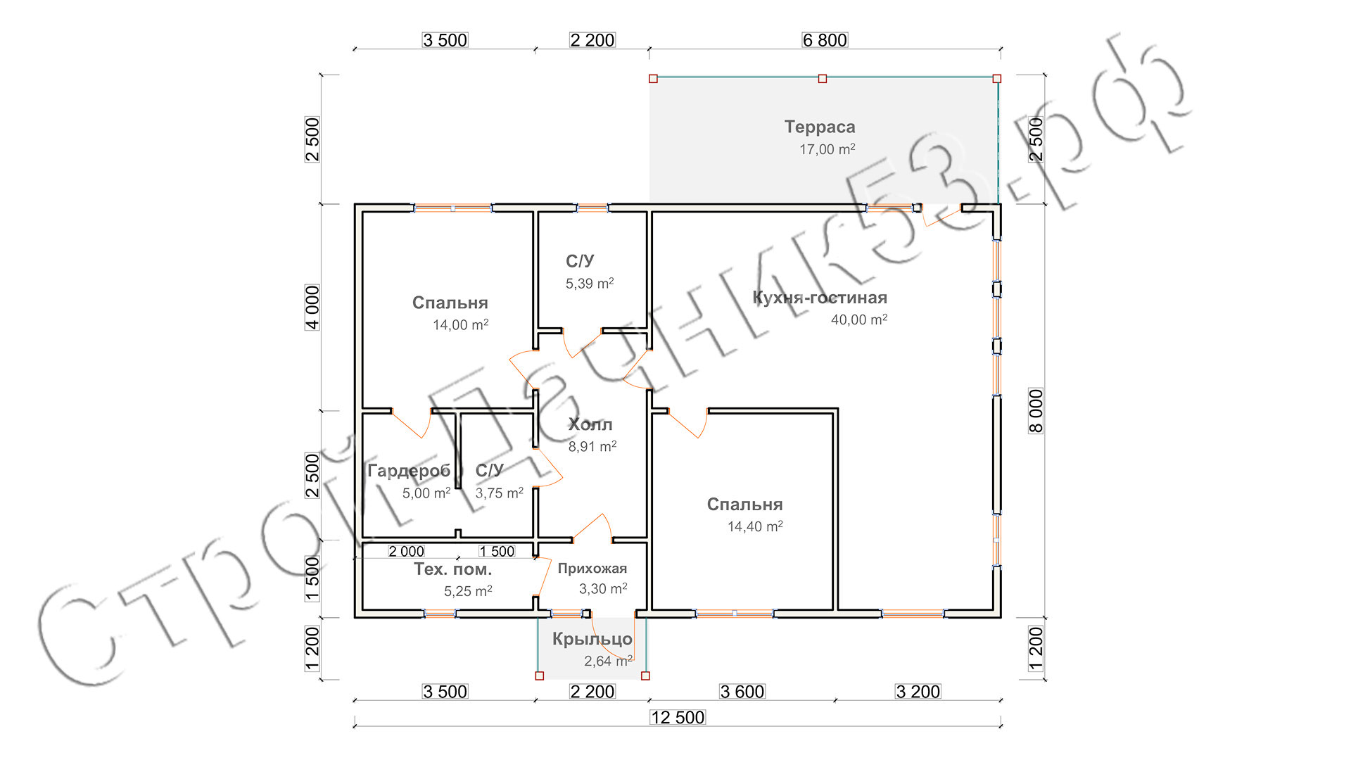 Проект каркасно-щитового дома Д–47, план 1-го этажа